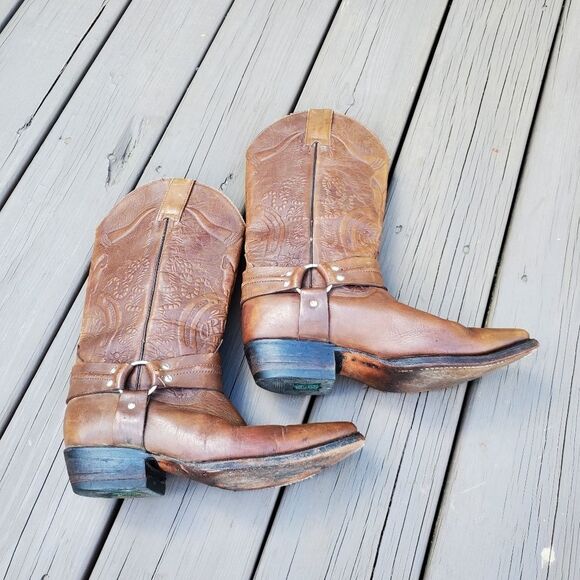 Vintage 90s y2k Handmade Brown Leather Tooled Mexico Western Cowboy Harness Boot - Picture 2 of 9